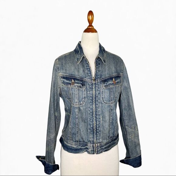 Ralph Lauren Sport Blue Denim Front Zip Trucker Jacket  Distressed Size Small - Picture 1 of 13